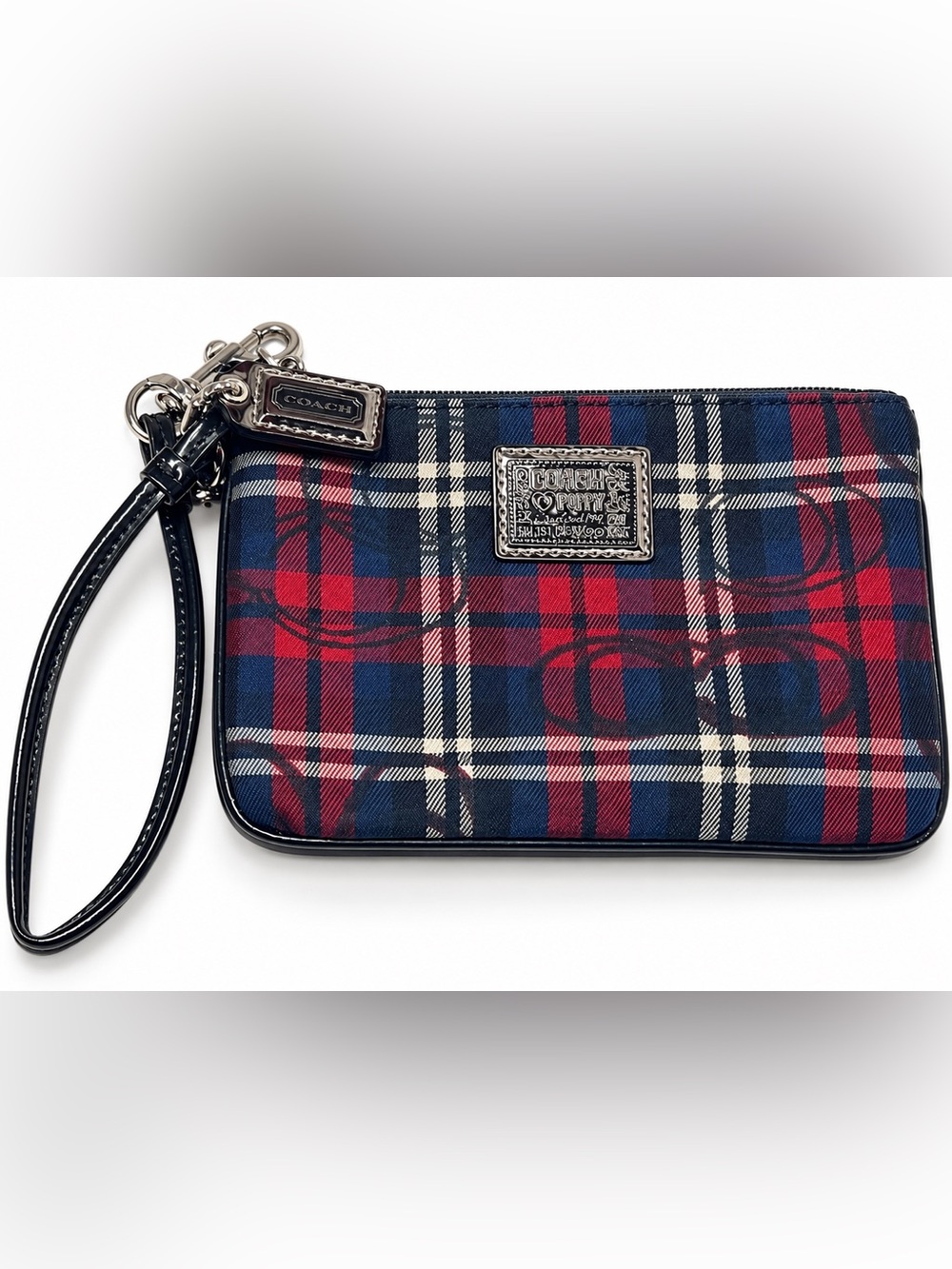 Coach Plaid Wristlet Pouch in Navy, Red & White poppy Tartan